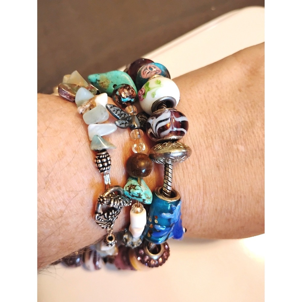 🩵Boho Beaded Bracelet Set Turquoise Gemstone Glass Fairy Dragonfly‎ Love Charms